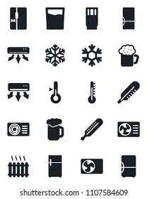 Set of vector isolated black icon - thermometer vector, heater, air conditioner, fridge, drink, beer, snowflake