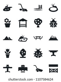 Set of vector isolated black icon - flower in pot vector, lawn mower, lady bug, pond, picnic table, pool, fruit tree, mountains, restaurant, alcove