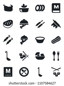 Set of vector isolated black icon - spoon and fork vector, menu, salad, plates, bacon, waiter, chicken, steak, kebab, ladle, bowl, rolling pin, sushi