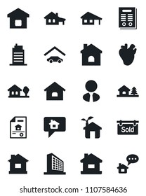 Set of vector isolated black icon - office building vector, house, real heart, contract, with garage, tree, estate document, sold signboard, agent, smart home, city, eco, message