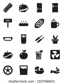 Set of vector isolated black icon - hot cup vector, seedling, plant label, diet, fridge, drink, phyto bar, salad, bacon, bread, kebab, dog, apple fruit, fan, palm sprout
