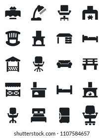 Set of vector isolated black icon - bed vector, office chair, desk, bench, fireplace, lamp, bedroom, children room, cushioned furniture, restaurant table, alcove, fridge