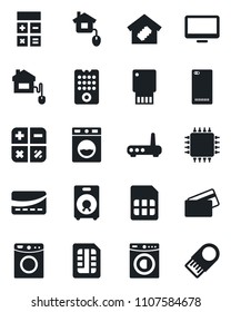 Set of vector isolated black icon - calculator vector, monitor, speaker, phone back, sim, washer, smart home, credit card, control, chip, remote, router, usb flash