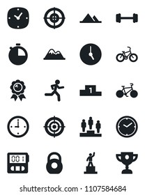 Set of vector isolated black icon - pedestal vector, medal, barbell, bike, run, heavy, clock, stopwatch, target, mountains, award cup