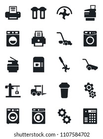 Set of vector isolated black icon - coffee machine vector, fork loader, ripper, lawn mower, printer, copier, washer, crane, gear, water filter, combination lock