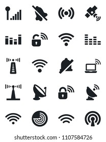 Set of vector isolated black icon - antenna vector, wireless notebook, radar, satellite, equalizer, mute, cellular signal, lock