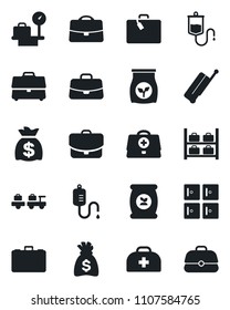 Set of vector isolated black icon - suitcase vector, baggage larry, luggage storage, scales, checkroom, case, money bag, fertilizer, doctor, dropper