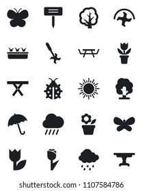 Set of vector isolated black icon - umbrella vector, sun, flower in pot, ripper, tree, butterfly, lady bug, seedling, rain, plant label, picnic table, tulip