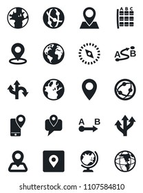 Set of vector isolated black icon - globe vector, seat map, route, navigation, earth, pin, mobile tracking, network, place tag, compass
