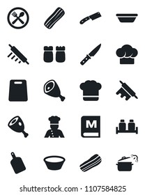 Set of vector isolated black icon - cook vector, cafe, hat, menu, bacon, salt and pepper, ham, bowl, rolling pin, cutting board, knife, steaming pan