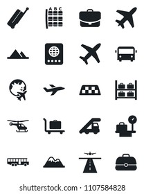 Set of vector isolated black icon - plane vector, runway, taxi, suitcase, baggage trolley, airport bus, passport, ladder car, helicopter, seat map, luggage storage, scales, globe, mountains, case