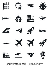 Set of vector isolated black icon - plane vector, departure, ladder car, boarding, helicopter, seat map, globe, airport building, lady bug, rocket, paper, air balloon