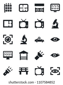 Set of vector isolated black icon - tv vector, alarm car, seat map, bench, monitor pulse, microscope, eye, torch, plan, alcove, scan