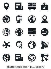 Set of vector isolated black icon - satellite antenna vector, bomb in case, globe, plane, earth, pin, consolidated cargo, network, share, news, social media