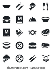 Set of vector isolated black icon - spoon and fork vector, dish, cafe, menu, plates, waiter, steak, kebab, hamburger, bowl, sushi
