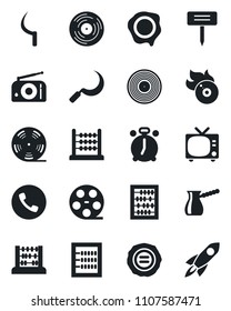 Set of vector isolated black icon - alarm clock vector, phone, tv, abacus, stamp, sickle, plant label, reel, vinyl, flame disk, radio, turkish coffee, rocket