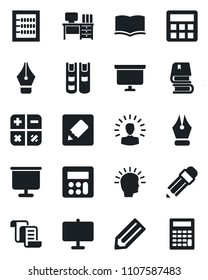Set of vector isolated black icon - contract vector, book, calculator, desk, presentation board, pencil, notes, abacus, ink pen, shining head