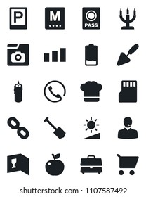 Set of vector isolated black icon - parking vector, passport, job, trowel, sorting, chain, low battery, sd, brightness, photo gallery, case, support, phone, cook hat, wine card, menu, candle, cart