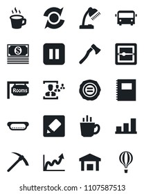 Set of vector isolated black icon - airport bus vector, stamp, axe, warehouse, pause button, scanner, notes, update, coffee, copybook, bar graph, hr, desk lamp, rooms, hot dog, growth, cash