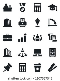 Set of vector isolated black icon - contract vector, office building, growth statistic, pennant, medal, graduate, notebook pc, crisis graph, coffee, printer, paper pin, case, calculator, meeting