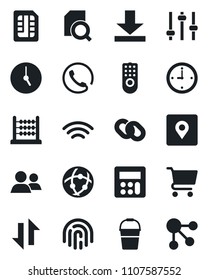 Set of vector isolated black icon - bucket vector, chain, group, tuning, calculator, clock, sim, network, data exchange, download, wireless, place tag, fingerprint id, document search, abacus, phone