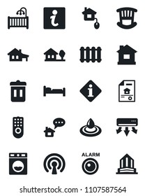 Set of vector isolated black icon - bed vector, house, with garage, tree, estate document, children room, home control, remote, wireless, air conditioner, water, washer, radiator, trash bin, message