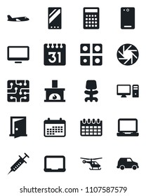 Set of vector isolated black icon - plane vector, helicopter, office chair, notebook pc, calendar, syringe, monitor, laptop, mobile, phone back, camera, application, fireplace, chip, door, car