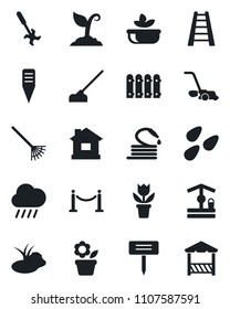 Set of vector isolated black icon - fence vector, flower in pot, rake, ladder, sproute, lawn mower, house, rain, well, hose, hoe, plant label, seeds, pond, ripper, salad, alcove