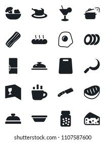 Set of vector isolated black icon - coffee vector, sickle, pills bottle, fridge, wine card, reception, cocktail, salad, plates, bacon, bread, chicken, steak, bowl, cutting board, knife, steaming pan
