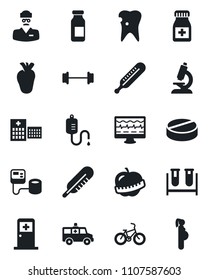 Set of vector isolated black icon - medical room vector, monitor pulse, blood pressure, test vial, dropper, thermometer, microscope, pills, bottle, ampoule, ambulance car, barbell, bike, real heart