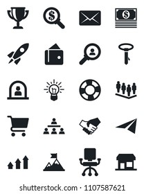 Set of vector isolated black icon - reception vector, team, hierarchy, consumer search, arrow up graph, motivation, rocket, handshake, wallet, office chair, money, idea, cart, cash, paper plane, tie