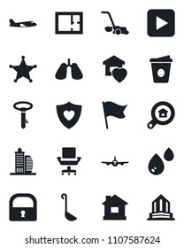 Set of vector isolated black icon - plane vector, coffee, lawn mower, house, heart shield, lungs, play button, lock, office chair, plan, building, estate search, sweet home, ladle, water, police