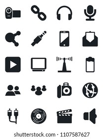 Set of vector isolated black icon - clapboard vector, vinyl, camera, antenna, tv, video, microphone, network, cell phone, headphones, share, chain, group, battery, mail, play button, rca, sound