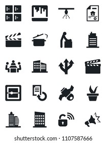 Set of vector isolated black icon - baby room vector, checkroom, document reload, seedling, route, satellite, clapboard, scanner, meeting, estate, office building, city house, steaming pan