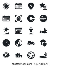 Set of vector isolated black icon - sun vector, pennant, circle chart, term, network, favorites list, protect, brightness, eye id, calendar, pie graph, house with garage, sweet home, fingerprint