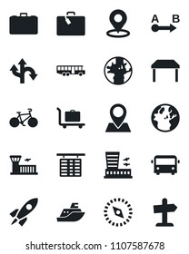 Set of vector isolated black icon - suitcase vector, baggage trolley, airport bus, flight table, building, case, bike, route, earth, pin, sea shipping, place tag, compass, rocket, guidepost