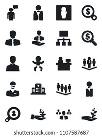 Set of vector isolated black icon - male vector, baby, speaking man, team, manager place, hospital, doctor, client, user, company, search, waiter, group, palm sproute, money, hierarchy