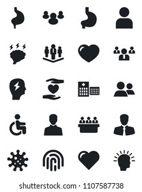 Set of vector isolated black icon - team vector, brainstorm, meeting, heart, disabled, hand, stomach, hospital, virus, client, group, user, fingerprint id, company, shining head