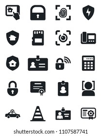 Set of vector isolated black icon - alarm car vector, identity, border cone, card, protect, sd, lock, face id, eye, estate insurance, fingerprint, wireless, intercome, home control app, combination