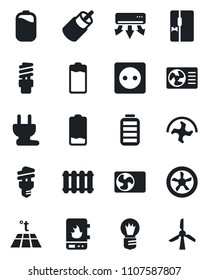 Set of vector isolated black icon - bulb vector, ripper, battery, low, rca, air conditioner, fridge, socket, power plug, fan, water heater, radiator, warm floor, energy saving, windmill