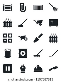 Set of vector isolated black icon - safe vector, trowel, rake, wheelbarrow, hoe, scalpel, cargo container, oil barrel, pause button, application, paper clip, ink pen, heater, dish, knife