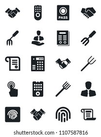Set of vector isolated black icon - passport vector, handshake, garden fork, farm, client, touch screen, fingerprint id, contract, remote control, combination lock