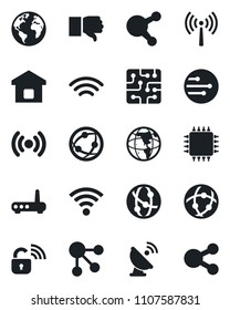 Set of vector isolated black icon - antenna vector, earth, satellite, network, share, finger down, wireless, smart home, chip, lock, router, social media