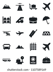 Set of vector isolated black icon - plane vector, runway, taxi, suitcase, baggage trolley, airport bus, umbrella, passport, ladder car, helicopter, seat map, luggage storage, scales, mountains, case