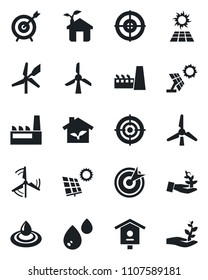 Set of vector isolated black icon - bird house vector, target, sun panel, windmill, factory, eco, water, palm sproute