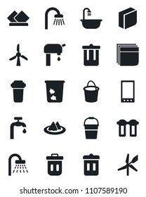 Set of vector isolated black icon - trash bin vector, shower, bucket, mobile, blank box, water supply, bathroom, serviette, filter, windmill