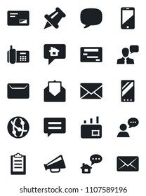 Set of vector isolated black icon - mail vector, office phone, loudspeaker, network, cell, speaker, paper pin, mobile, message, clipboard, home, schedule