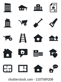 Set of vector isolated black icon - shovel vector, ladder, wheelbarrow, saw, house, hospital, with garage, tree, plan, estate document, sweet home, city, message