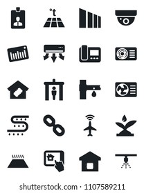 Set of vector isolated black icon - plane radar vector, security gate, identity card, drip irrigation, sorting, barcode, chain, air conditioner, smart home, intercome, control app, warm floor