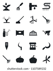 Set of vector isolated black icon - fence vector, garden fork, rake, wheelbarrow, well, hoe, sickle, plant label, pumpkin, greenhouse, sprayer, drip irrigation, windmill